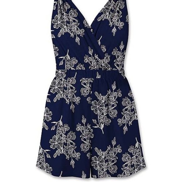Udear Pants - Navy & White Floral Sleeveless Surplice Romper